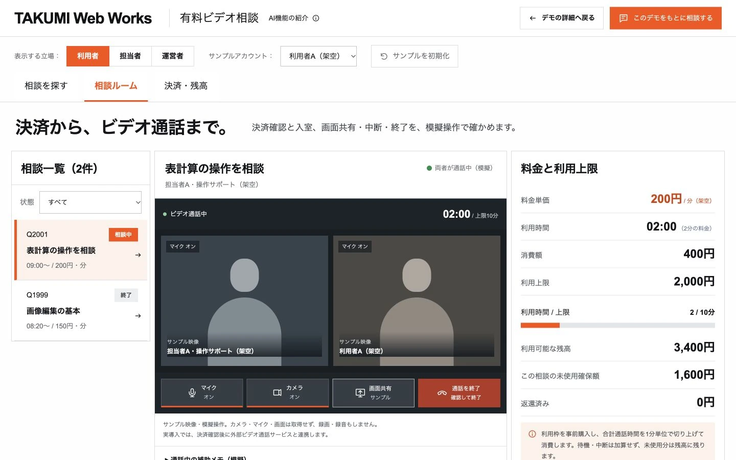 有料ビデオ相談の自作操作画面。架空データの例