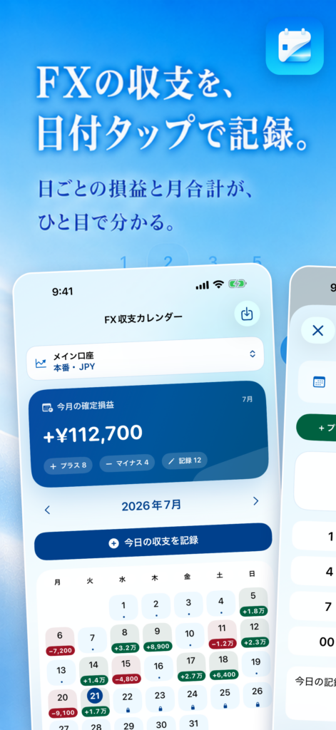 FX収支カレンダー DayEdgeの月間カレンダー。日別損益と月合計を表示