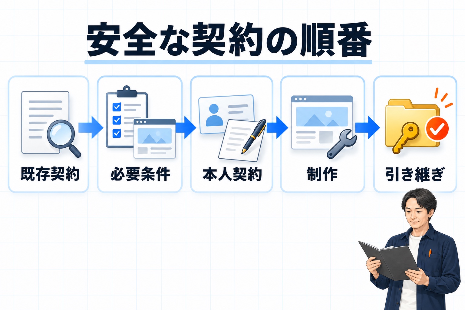 既存契約を確認し、必要条件を整理して本人名義で契約し、制作と引き継ぎへ進む安全な順番