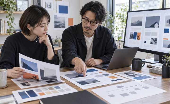 ホームページ制作の打ち合わせで、参考サイトと構成案を見ながらデザインを確認する様子