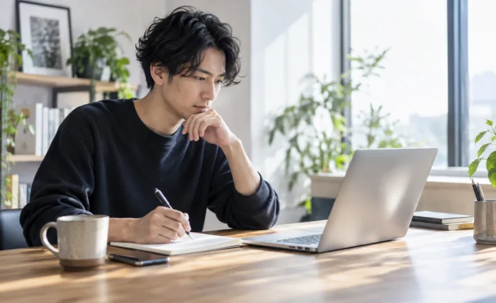 AdSense申請前に、ノートパソコンとノートでサイトを確認する私服の成人。架空人物のイメージ写真。