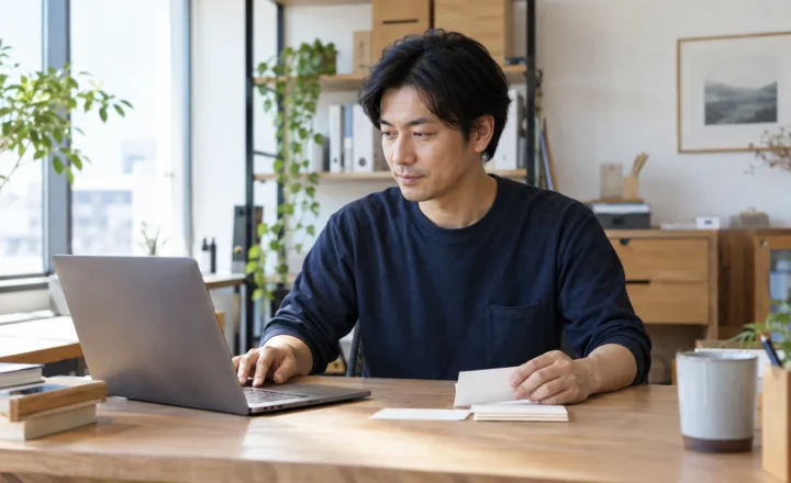 ノートパソコンと無地のカードを使い、依頼の流れを整理する私服の事業者。架空人物のイメージ写真。