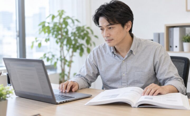 明るい仕事場で、社内マニュアルとパソコンを見比べる人物のイメージ写真