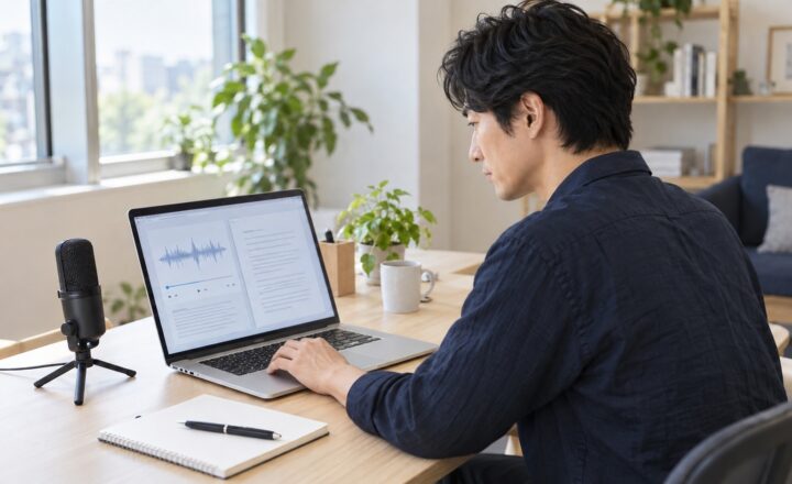 明るいオフィスで、音声の文字起こしと文書の下書きをパソコンで確認する人物のイメージ写真