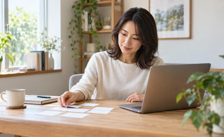 ホームページと予約の仕組みを考え、ノートパソコンの横でカードを整理する私服の成人。架空人物のイメージ写真。