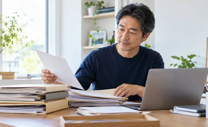 記事や資料の保管内容を整理しながらホームページのリニューアルを考える架空の日本人男性の生成イメージ