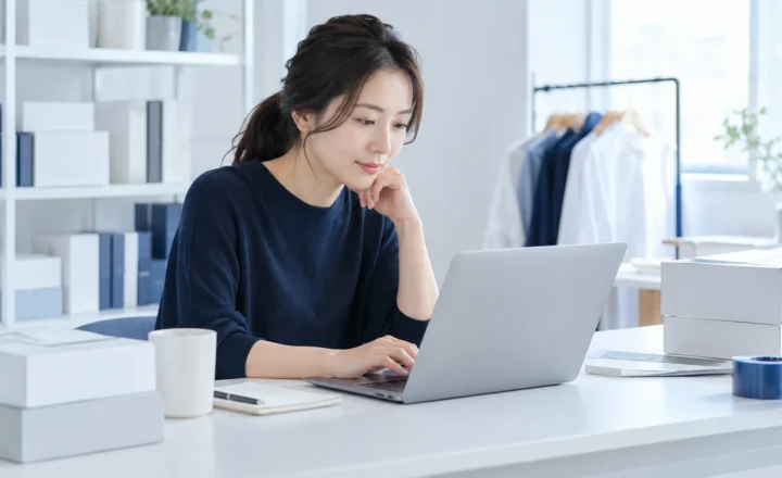 梱包用の箱がある明るい仕事場で、ノートPCを使って自社ショップの販売を確認する運営者
