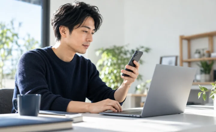 スマートフォンとノートパソコンを使い、表示や操作を確認する架空のWeb制作者。記事のために生成した写真です。
