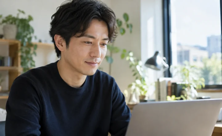 自然光の机でノートパソコンに向かい、ホームページ作りを考える私服の男性