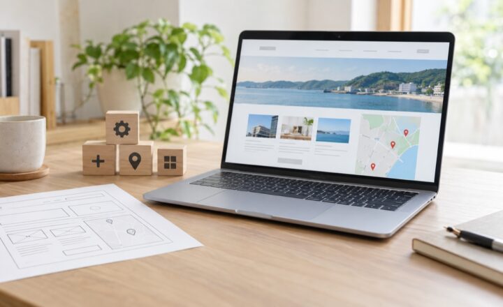 明るい作業机に置かれた、地図画面を表示するノートパソコンと機能追加を表す木製ブロック