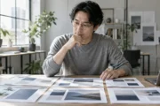 机に並べたページ構成案を見比べ、サイトのデザインを検討する眼鏡の私服の男性