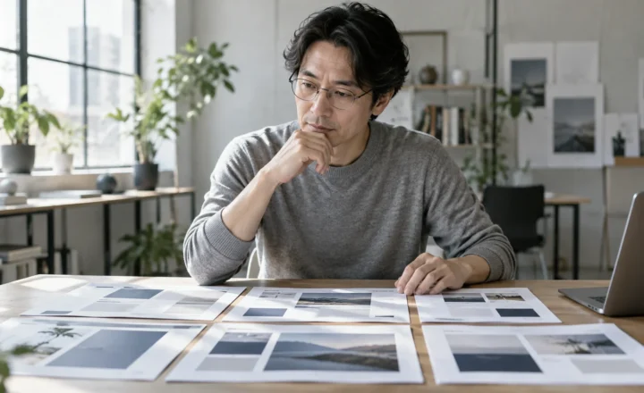 机に並べたページ構成案を見比べ、サイトのデザインを検討する眼鏡の私服の男性