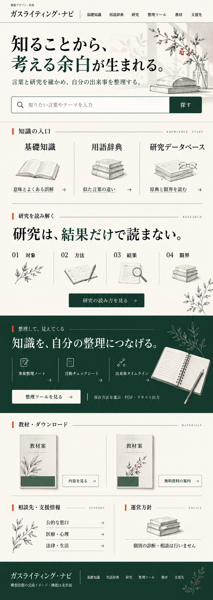 B案「知識の編集室」。生成りと深緑の紙面に大きな検索欄を置き、基礎知識・用語辞典・研究データベースと研究の読み方を中心に構成したトップページの構想。