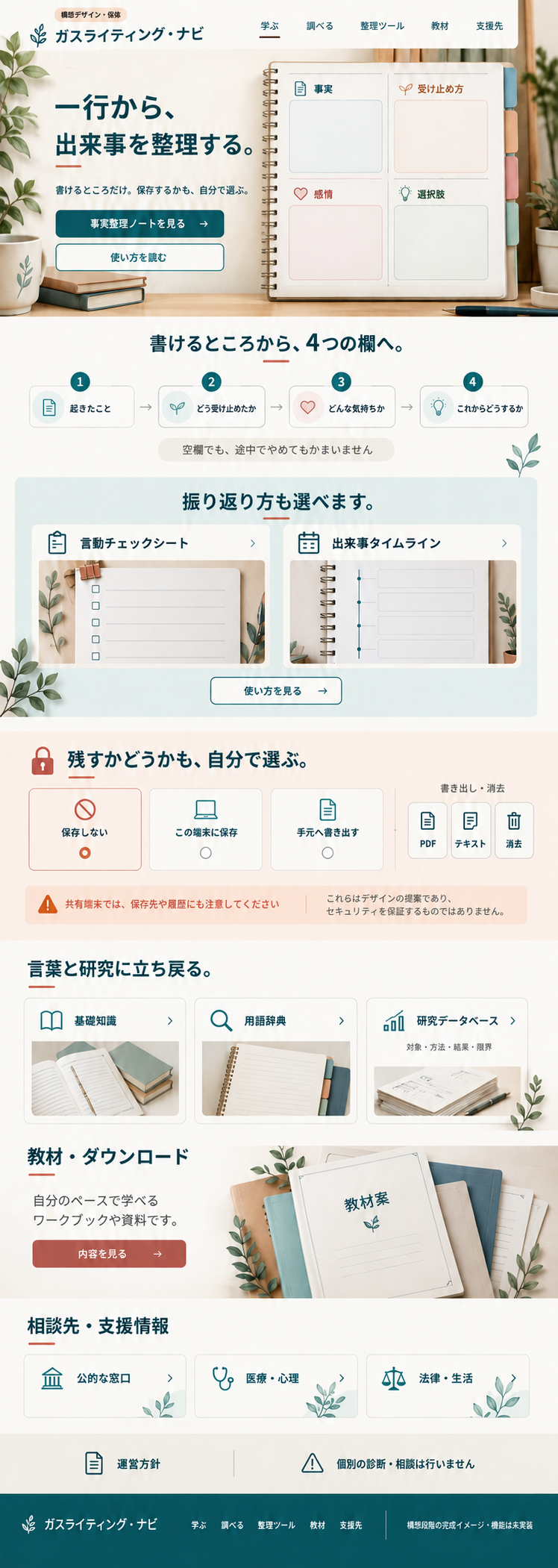 C案「小さな記録のアトリエ」。手帳を思わせる空の4欄と入力の手順を最初に見せ、チェックシート・タイムライン・保存方法の選択へ進むトップページの構想。