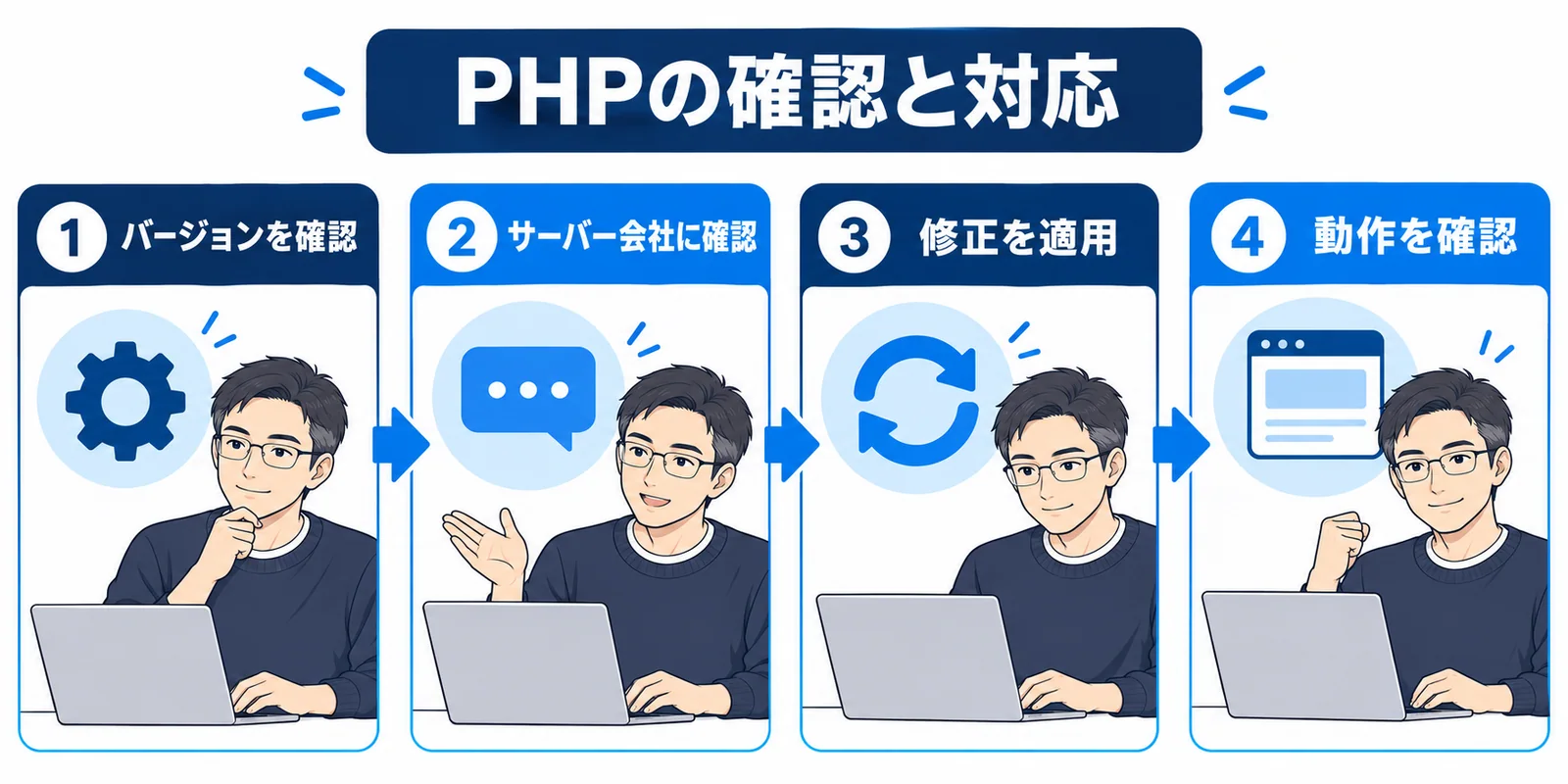 PHPの対応は、バージョンを確認し、サーバー会社に確認し、必要な修正を適用し、動作を確認する流れです。