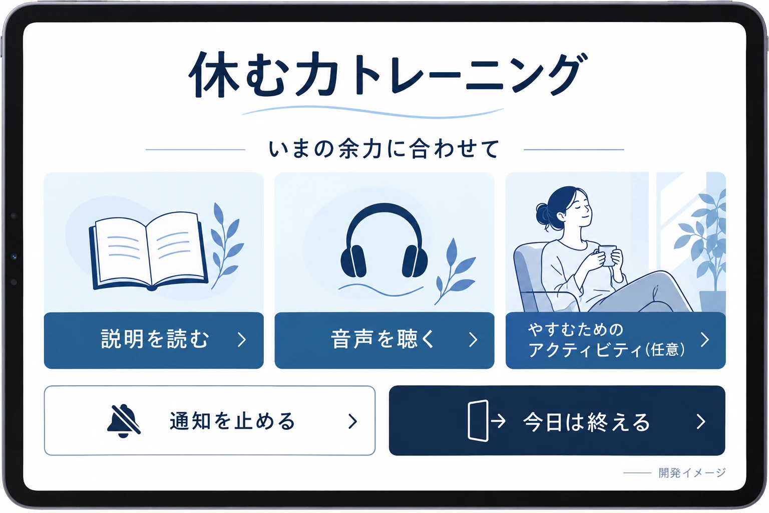 休む力トレーニングの制作案。入力・閲覧・確認などの画面を示す開発イメージ