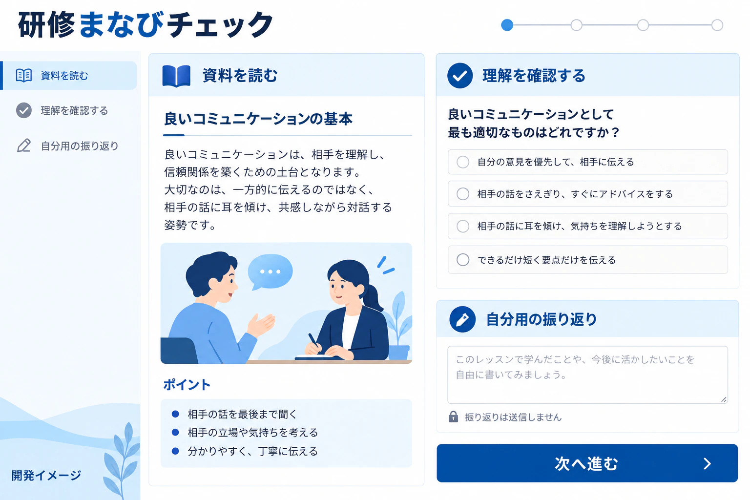 研修まなびチェックの制作案。入力・閲覧・確認などの画面を示す開発イメージ